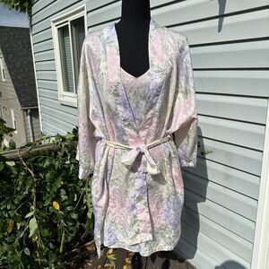Vtg 90s Satin Slip Dress Robe Set Small Floral Romantic Sexy Honeymoon Nightgown